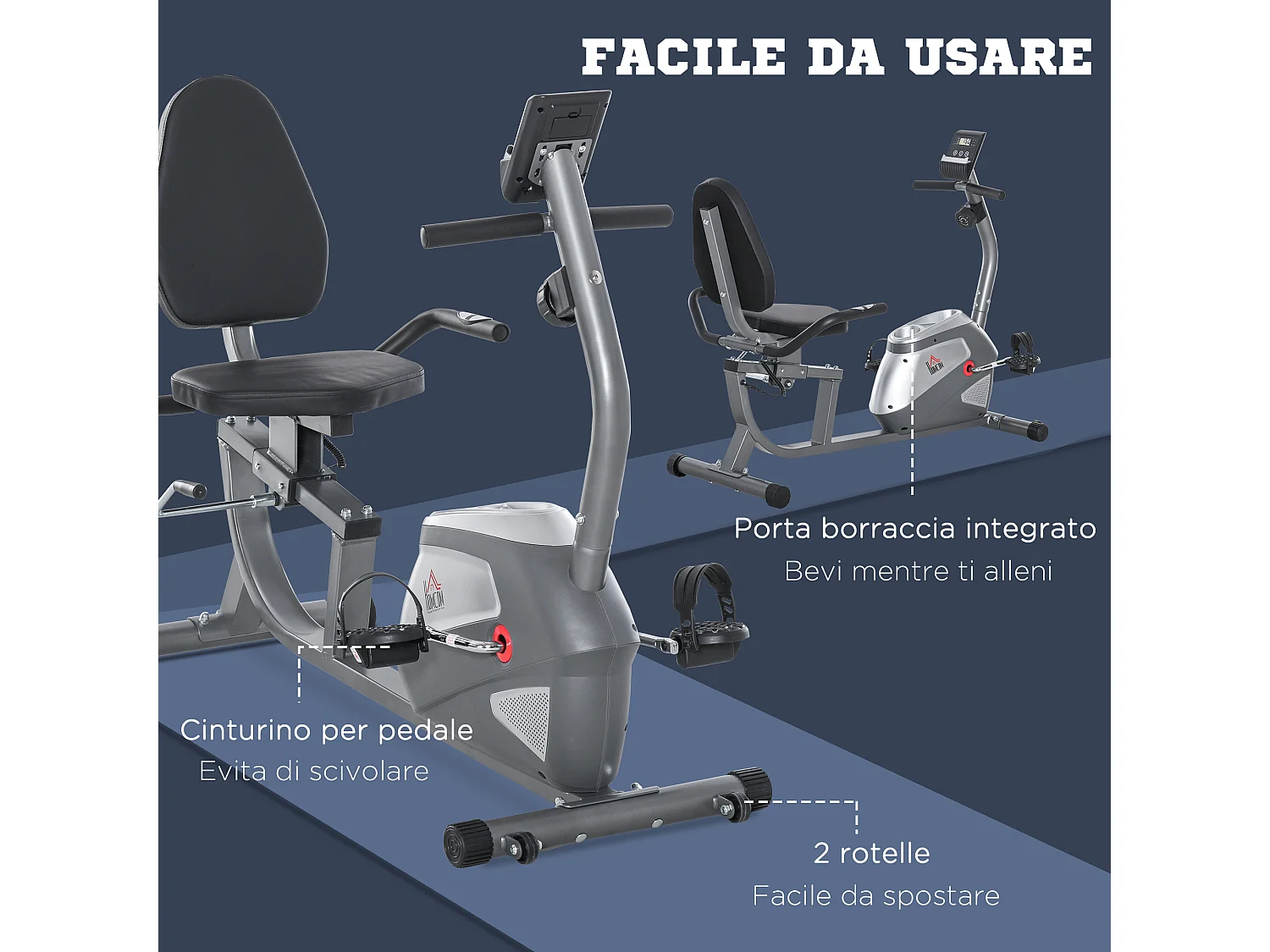 Cyclette orizzontale con seduta regolabile 8 resistenze e monitor lcd