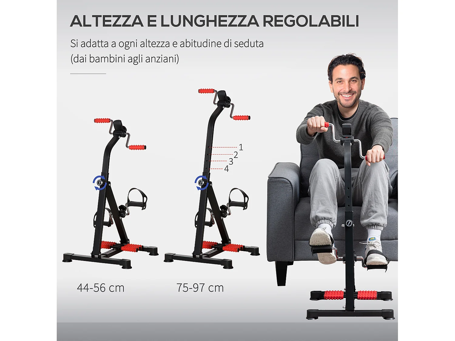 Pedaliera per riabilitazione schermo lcd altezza e resistenza regolabile