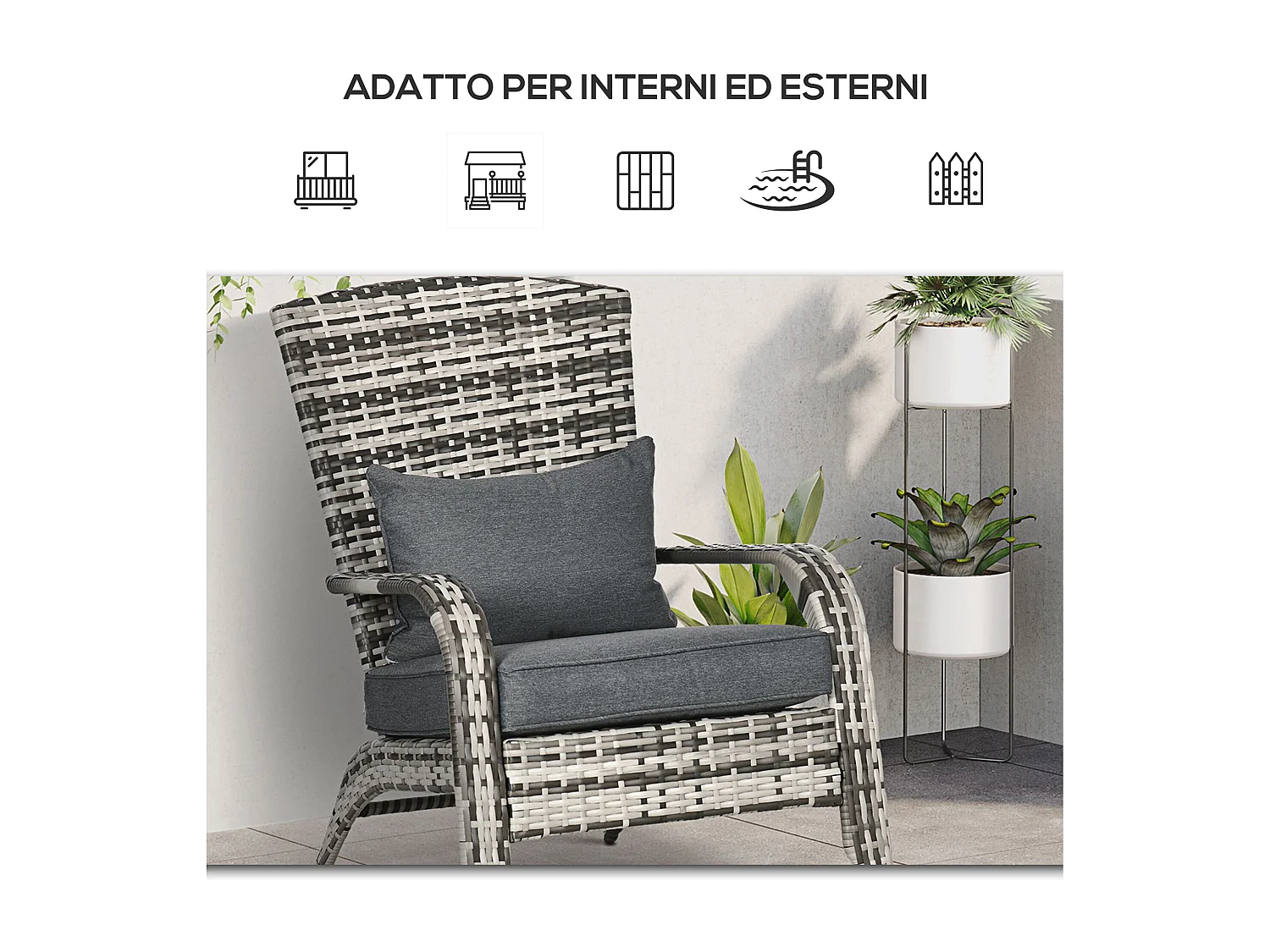 Sedia da giardino adironrack in rattan e acciaio grigio