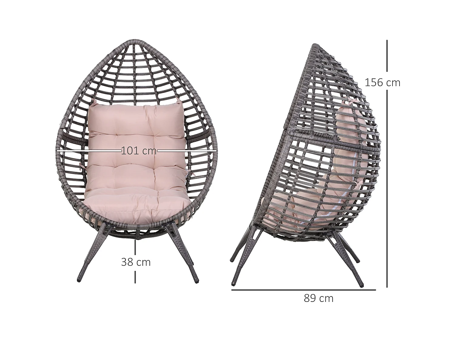 Poltrona in rattan con cuscino stile boho chic 101x89x156cm