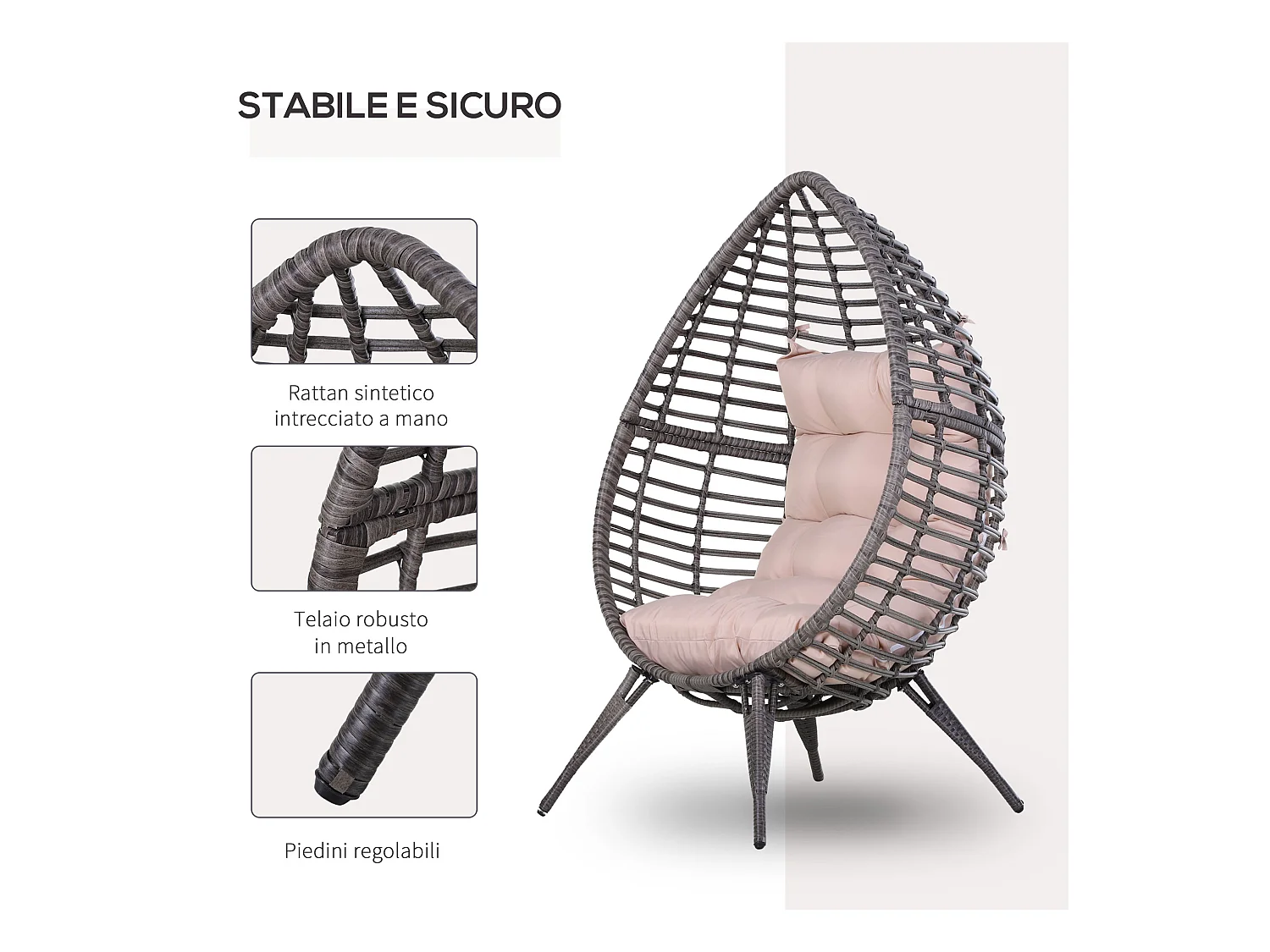 Poltrona in rattan con cuscino stile boho chic 101x89x156cm