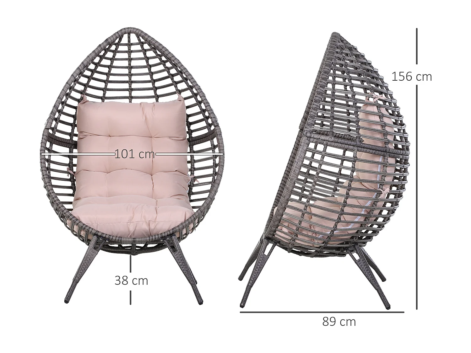 Poltrona in rattan con cuscino stile boho chic 101x89x156cm