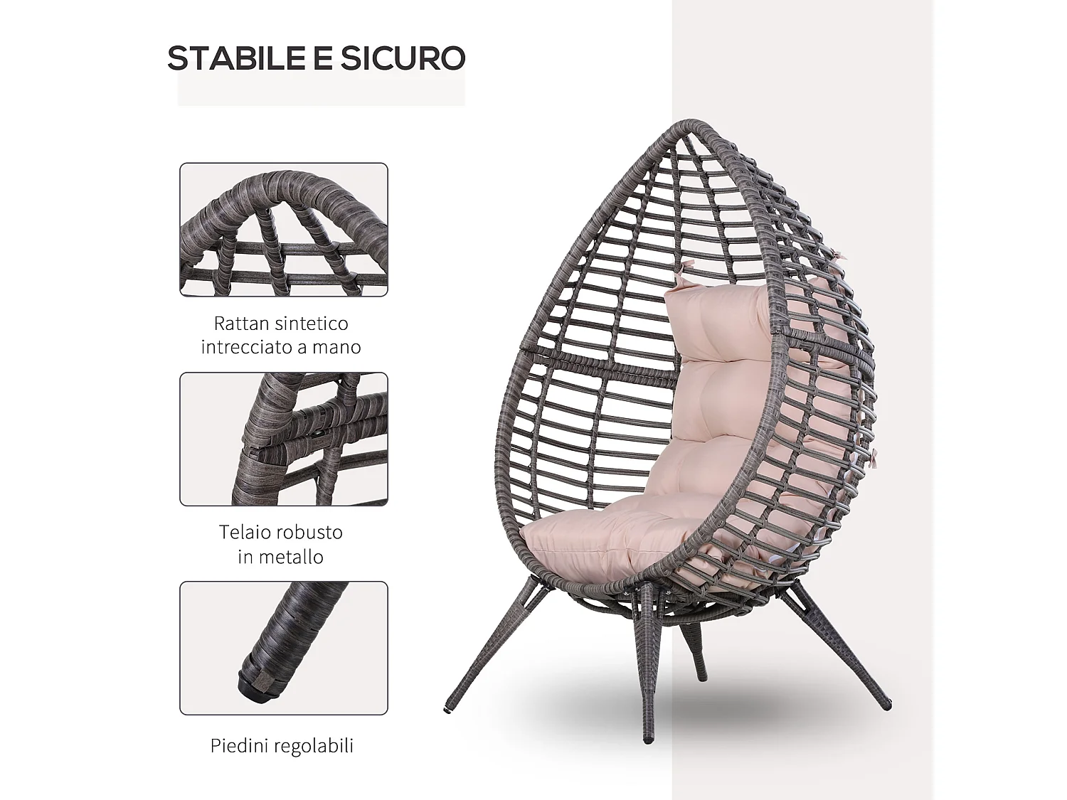 Poltrona in rattan con cuscino stile boho chic 101x89x156cm