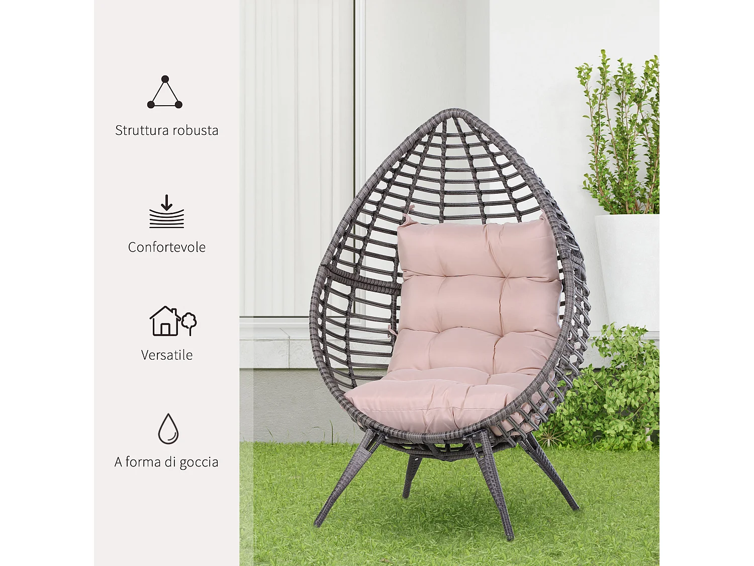 Poltrona in rattan con cuscino stile boho chic 101x89x156cm