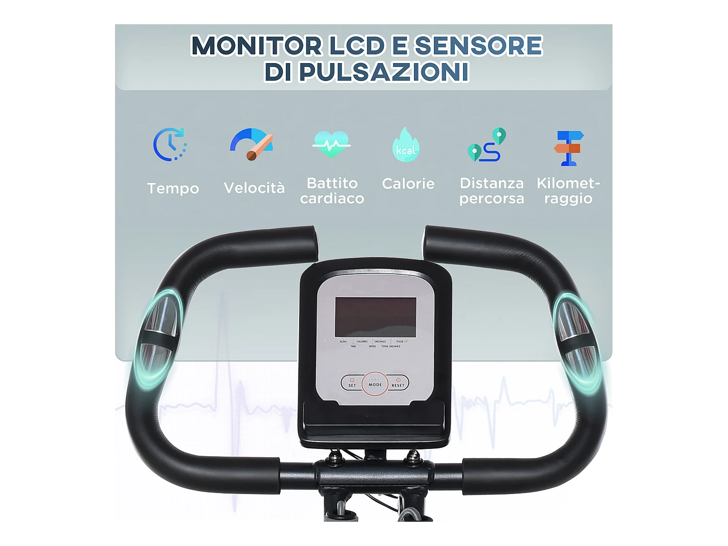 Cyclette pieghevole con schienale, display lcd e bande elastiche grigia