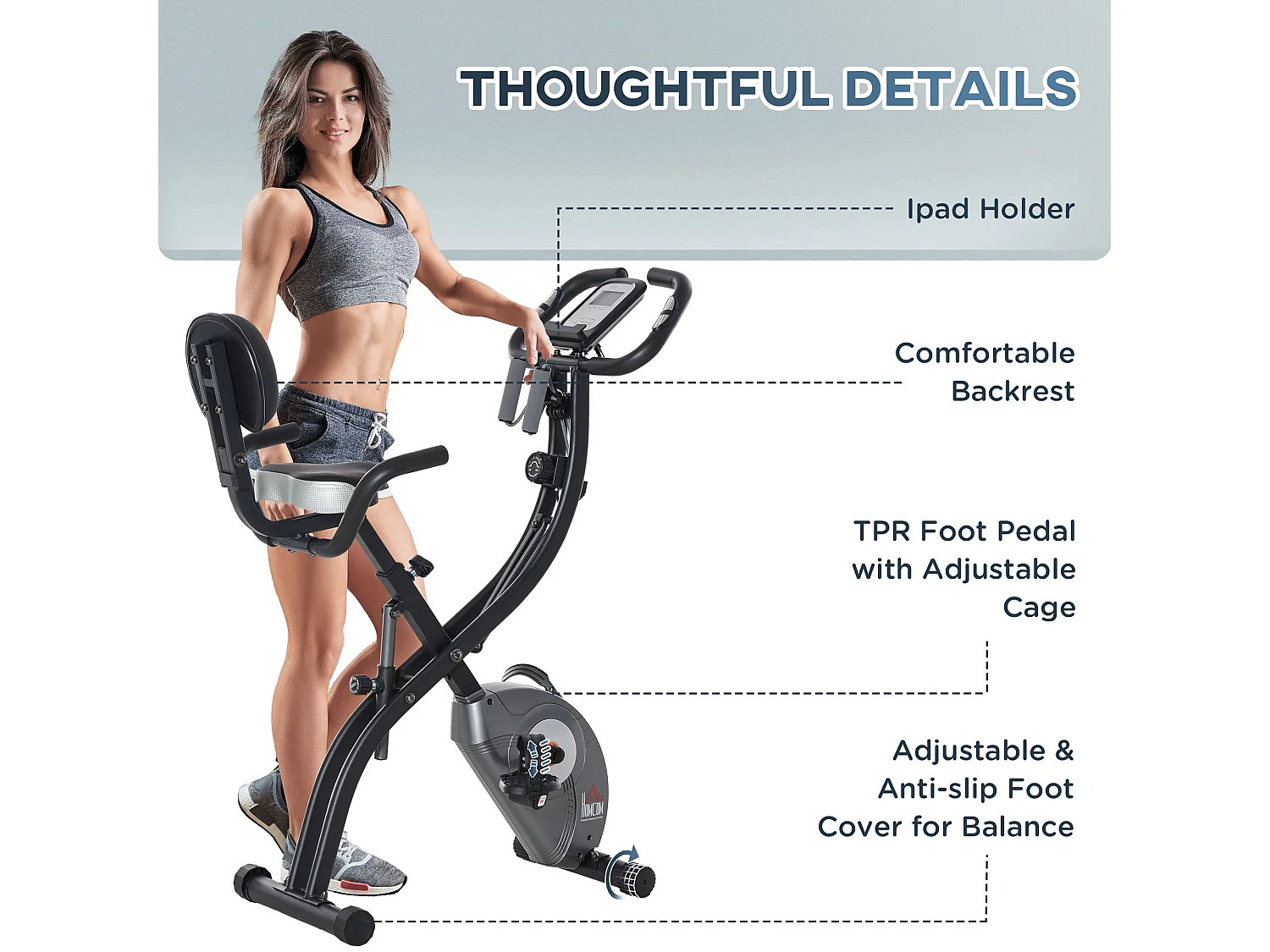 Cyclette pieghevole con schienale, display lcd e bande elastiche grigia