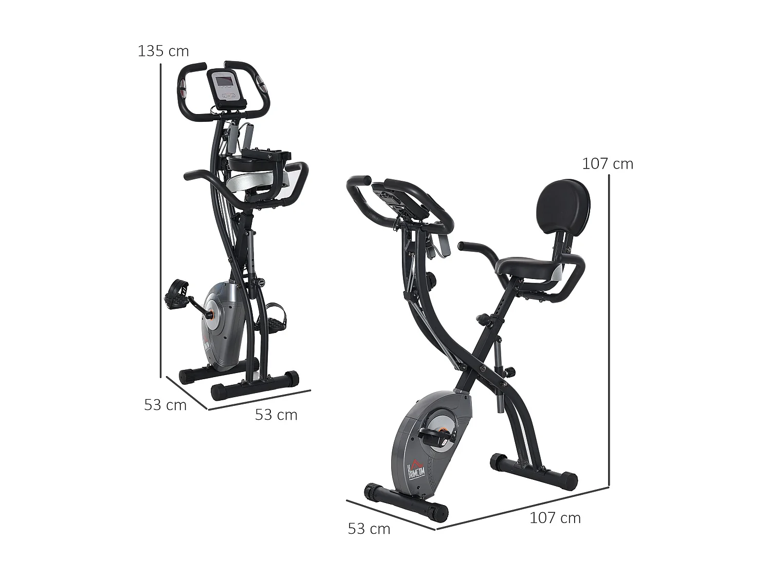 Cyclette pieghevole con schienale, display lcd e bande elastiche grigia