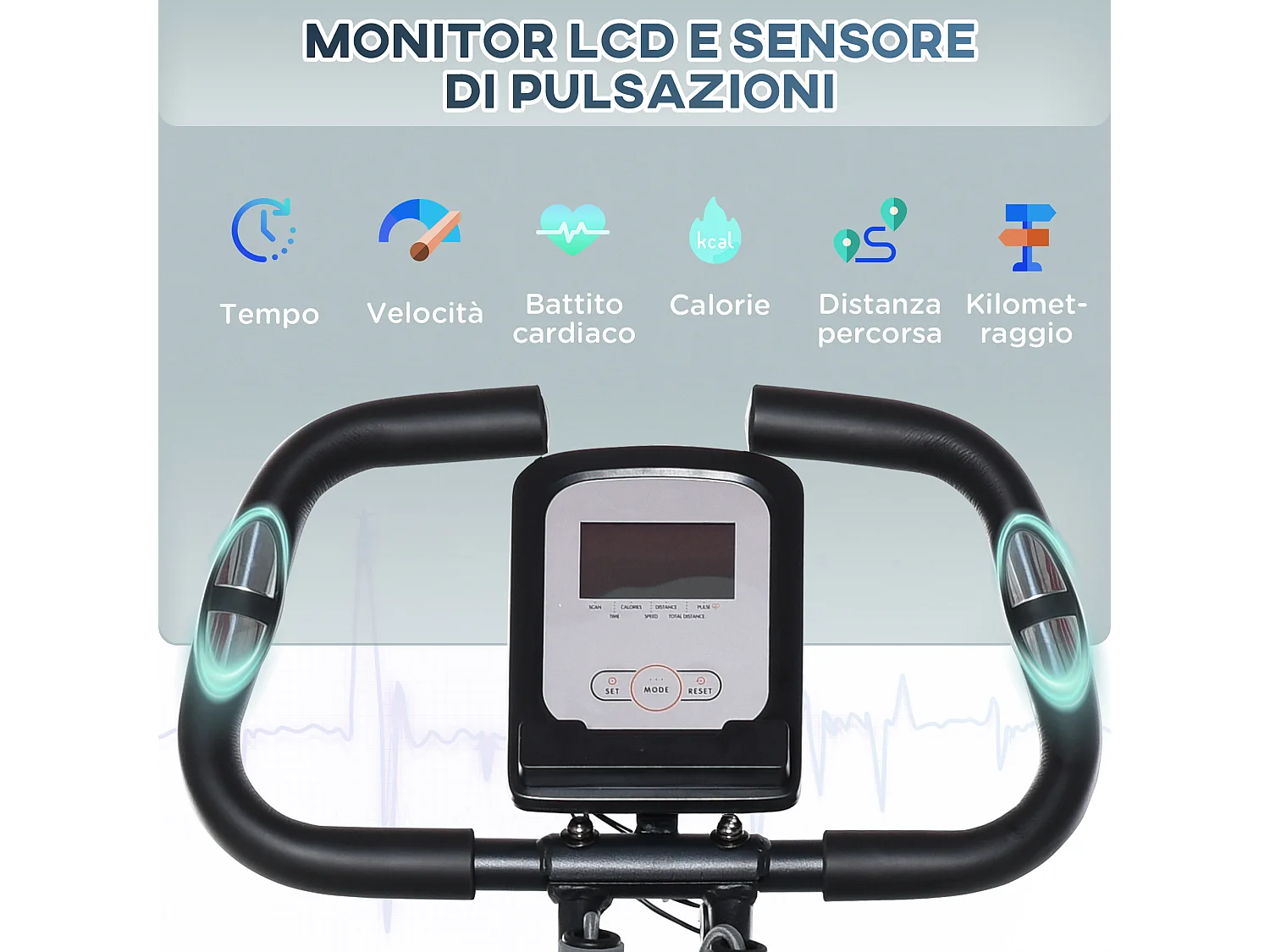 Cyclette pieghevole con schienale, display lcd e bande elastiche grigia