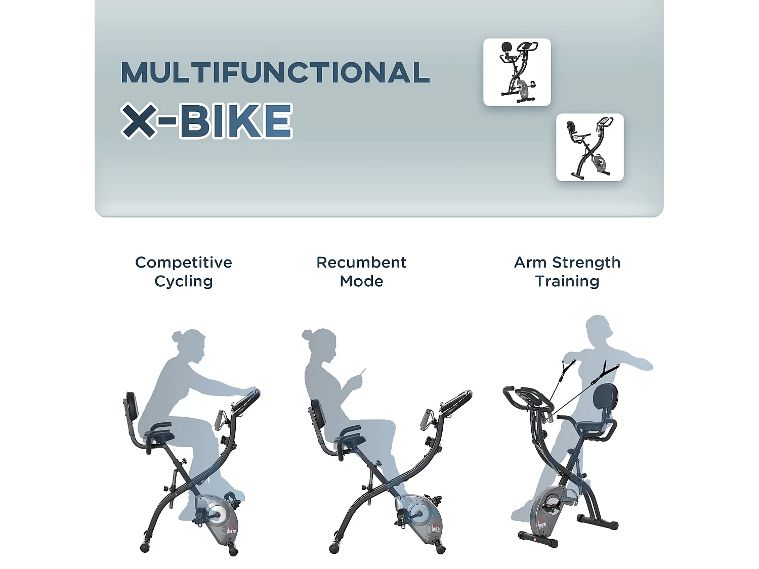 Cyclette pieghevole con schienale, display lcd e bande elastiche grigia