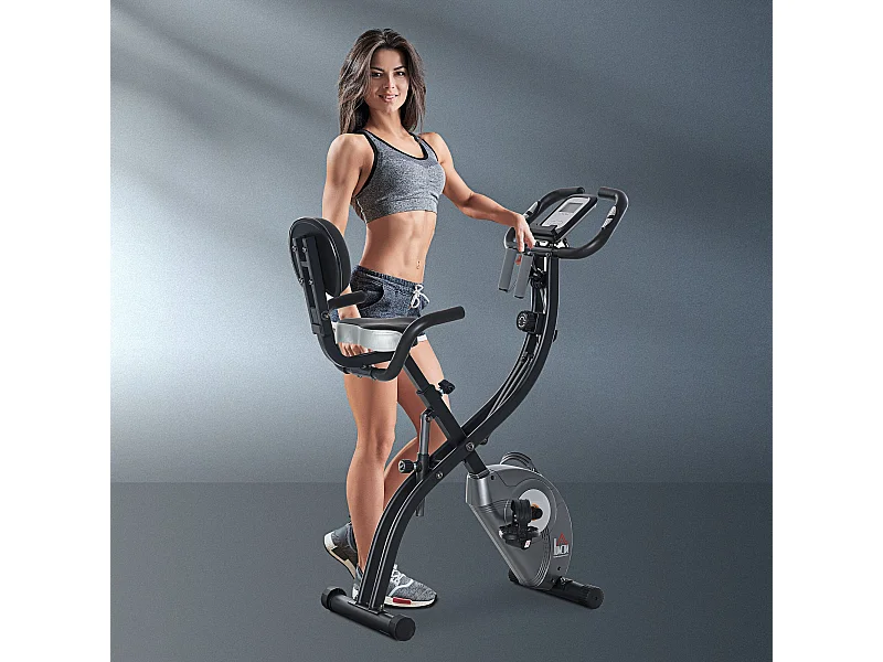 Cyclette pieghevole con schienale, display lcd e bande elastiche grigia