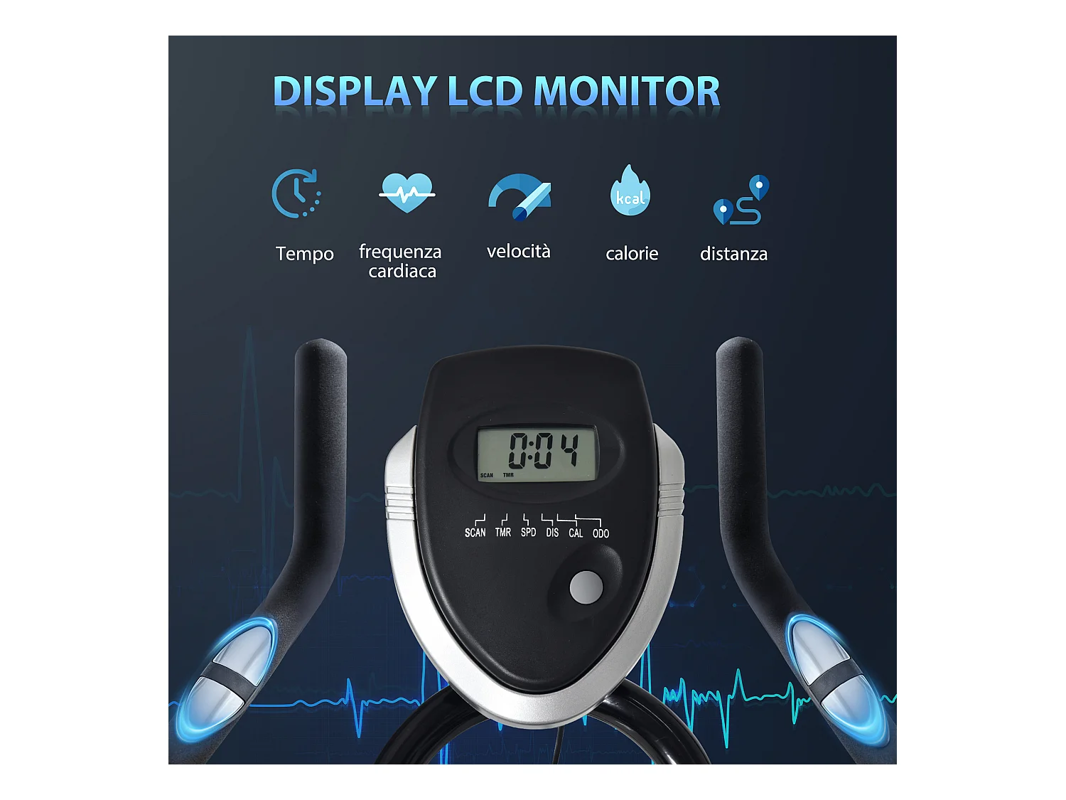 Cyclette in acciaio monitor lcd, seduta, manubrio e resistenza regolabile