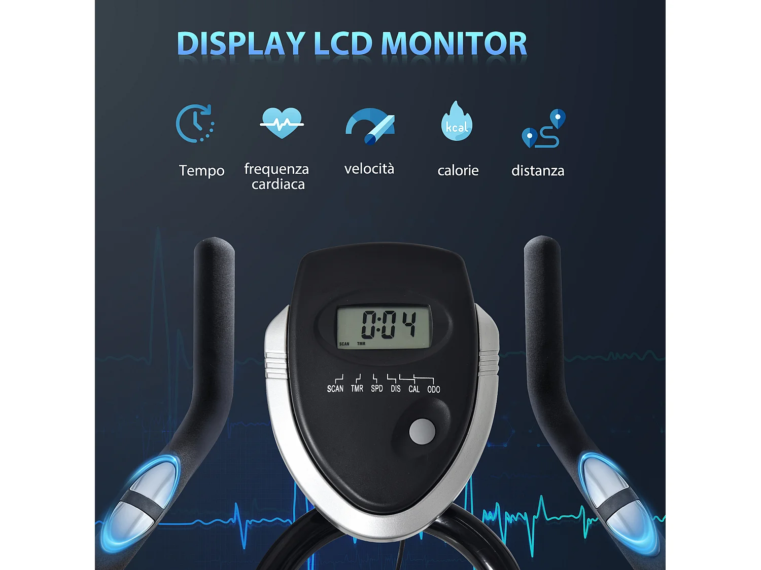 Cyclette in acciaio monitor lcd, seduta, manubrio e resistenza regolabile