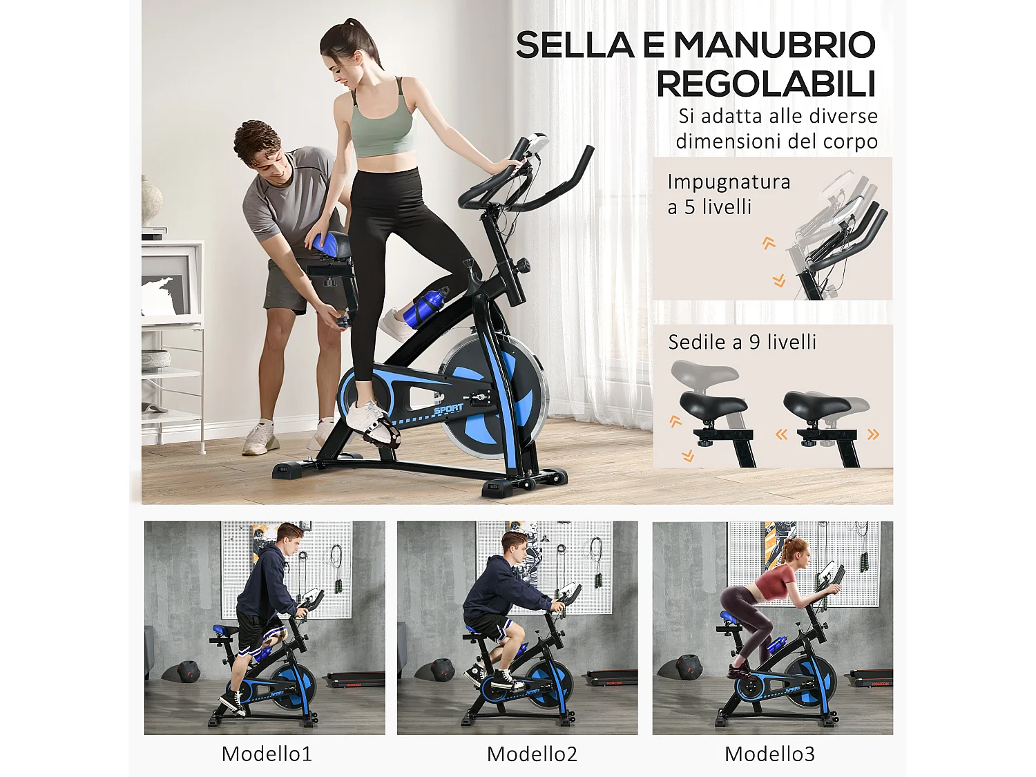 Cyclette da casa regolabile con monitor lcd in acciaio e abs blu