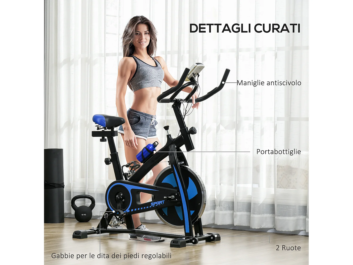 Cyclette da casa regolabile con monitor lcd in acciaio e abs blu