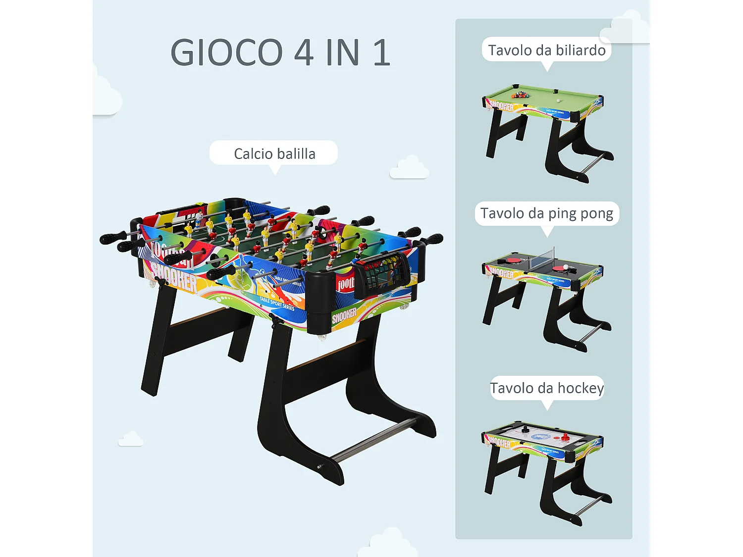 Tavolo da gioco per calcio-balilla, biliardo, air hockey e ping pong
