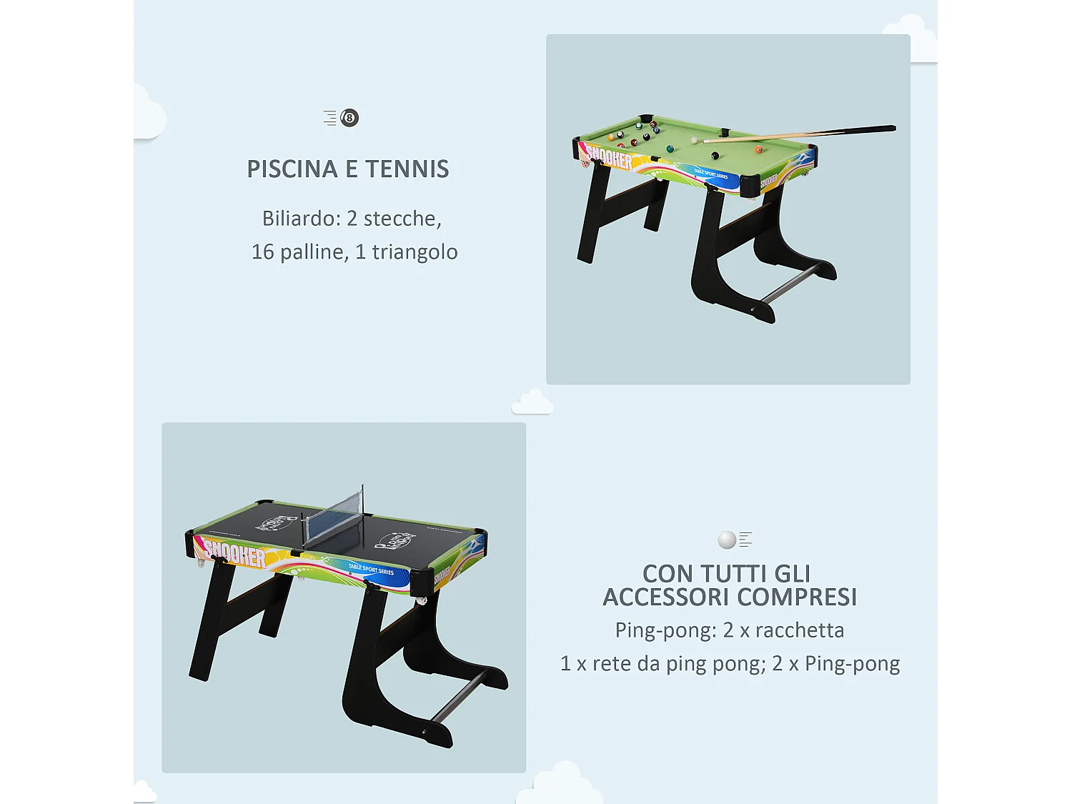 Tavolo da gioco per calcio-balilla, biliardo, air hockey e ping pong