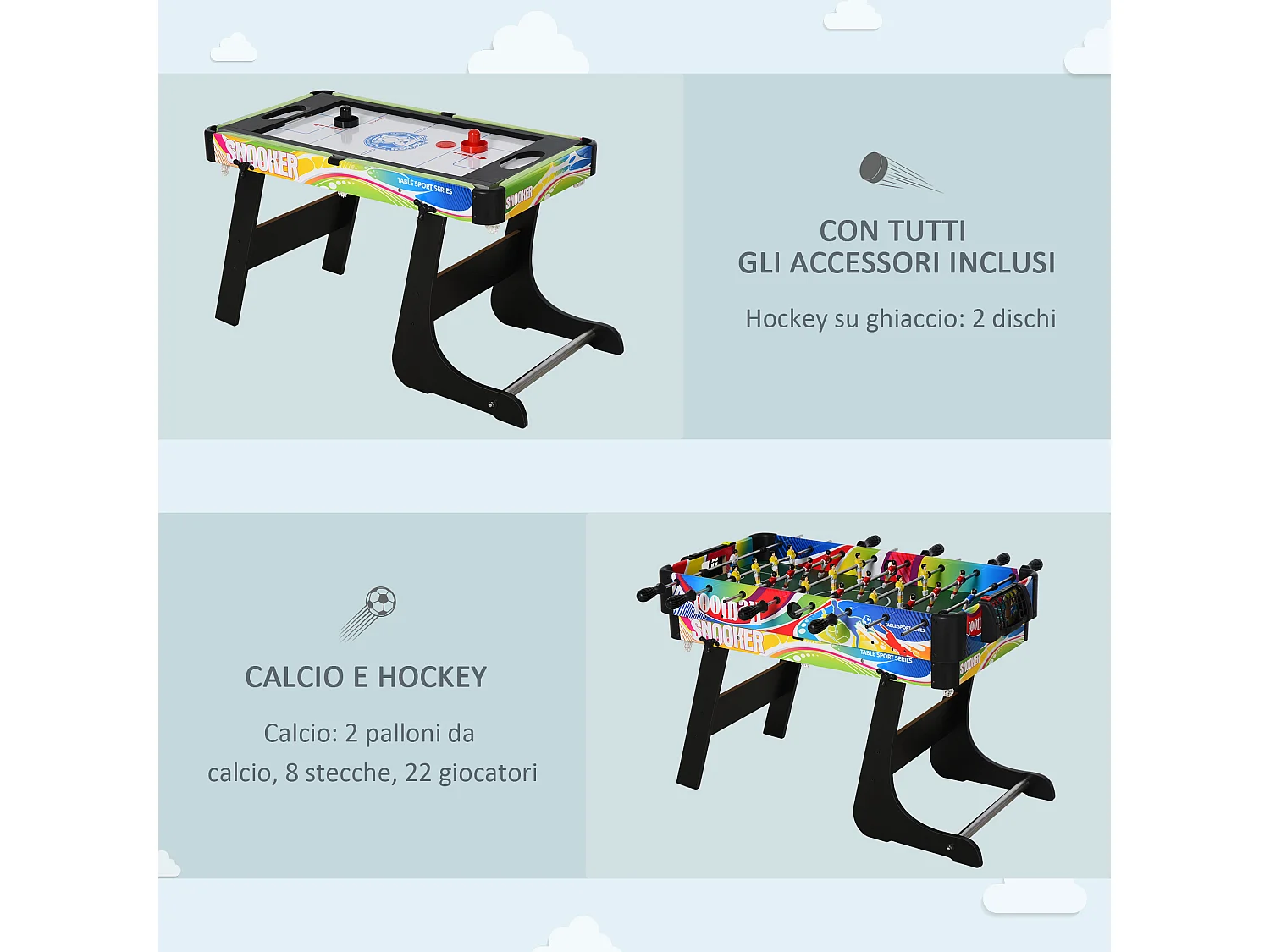 Tavolo da gioco per calcio-balilla, biliardo, air hockey e ping pong