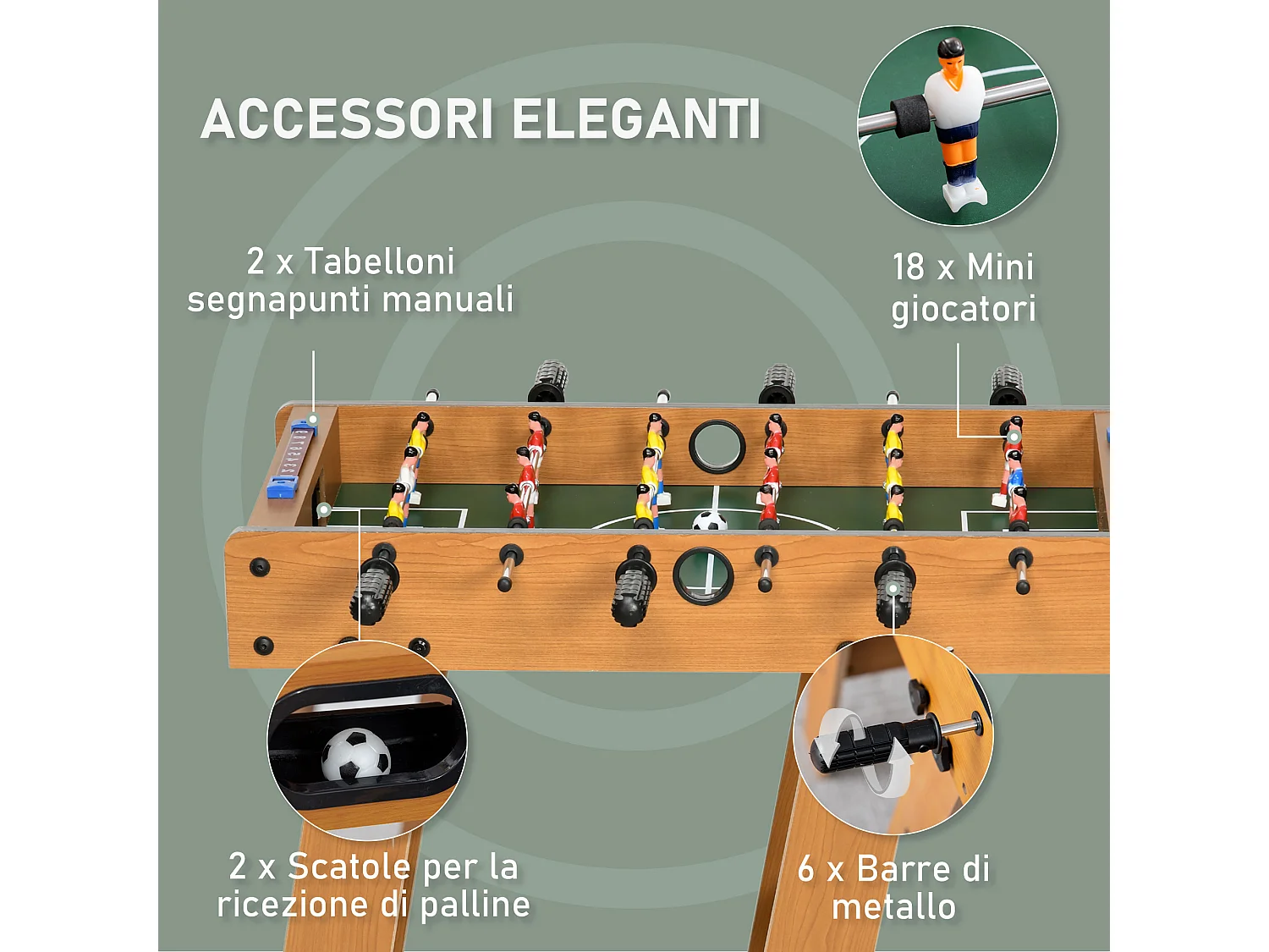 Calcio balilla pieghevole 18 giocatori e segnapunti 69x37x70cm