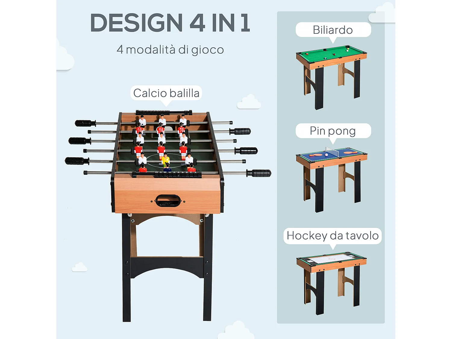 Tavolo multigioco 4 in 1 con calcio balilla ping pong biliardo hockey