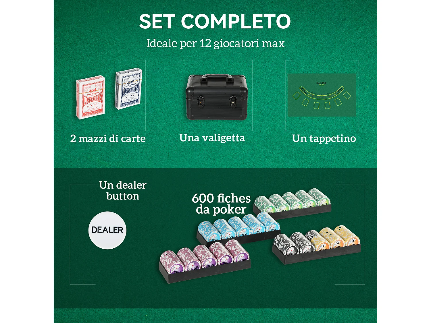 Set da poker per 12 persone con 600 fiches e 2 mazzi di carte