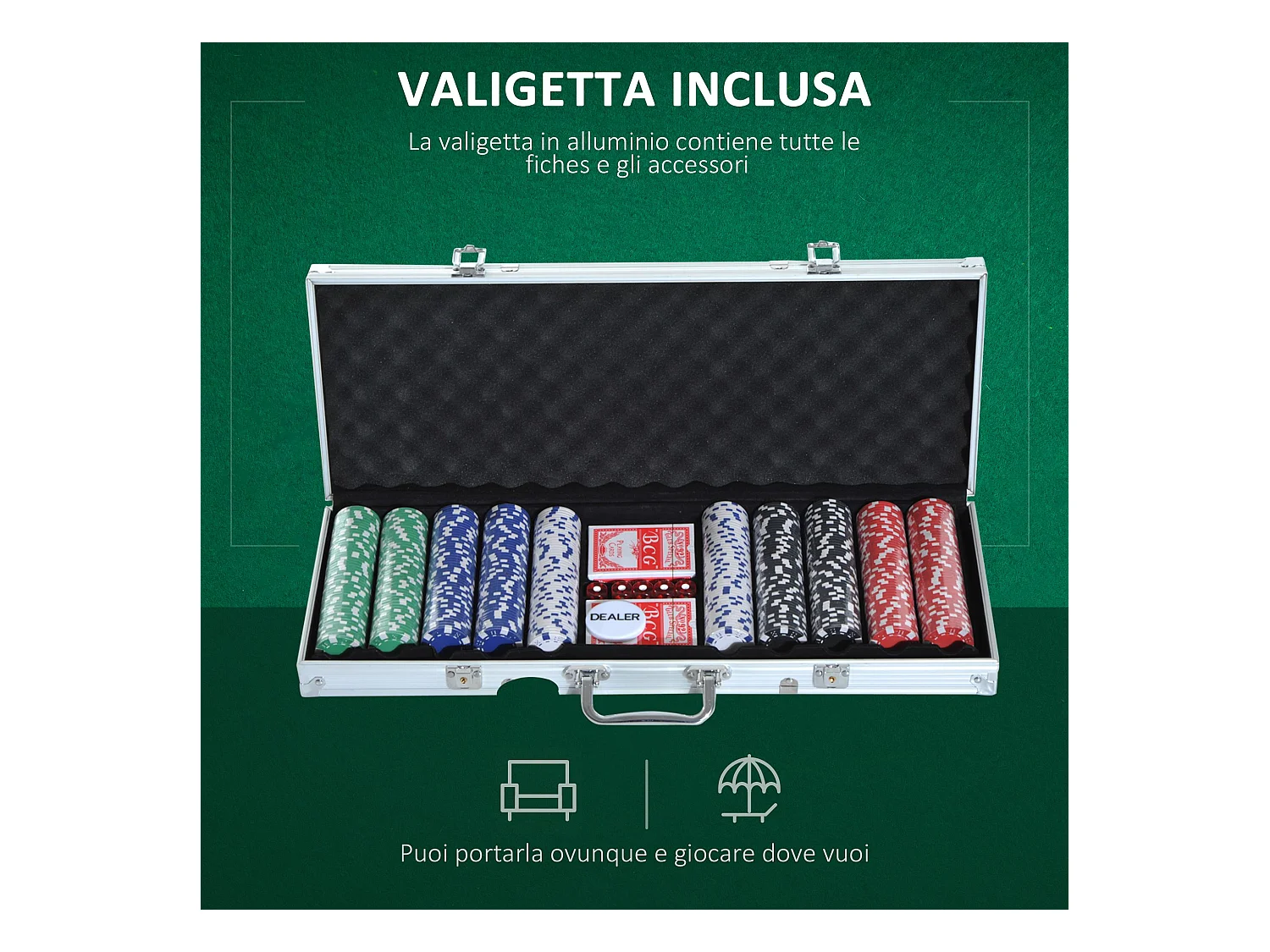 Valigetta poker professionale set poker 500 fiches e 2 mazzi