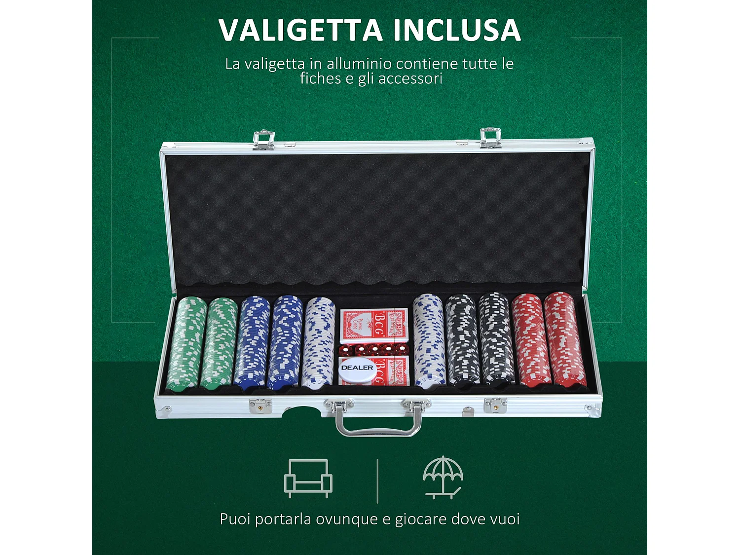 Valigetta poker professionale set poker 500 fiches e 2 mazzi