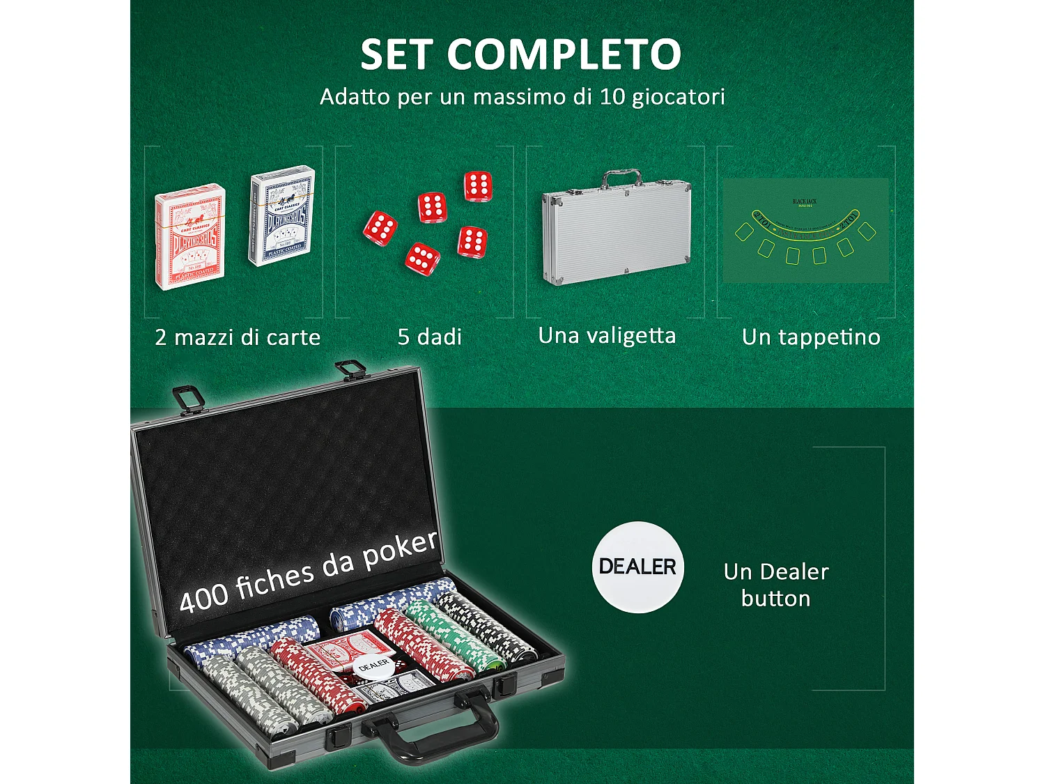 Set da poker per 10 giocatori con 400 fiches e valigetta grigia