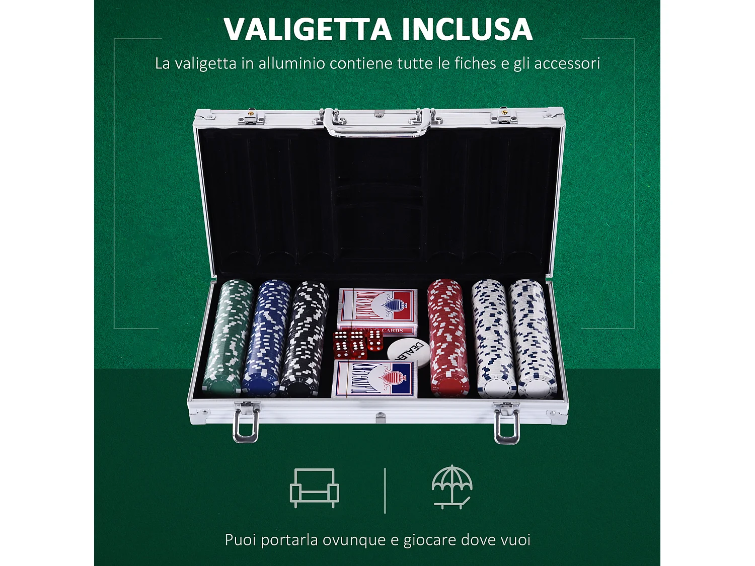 Valigetta poker professionale set poker 300 fiches e 2 mazzi