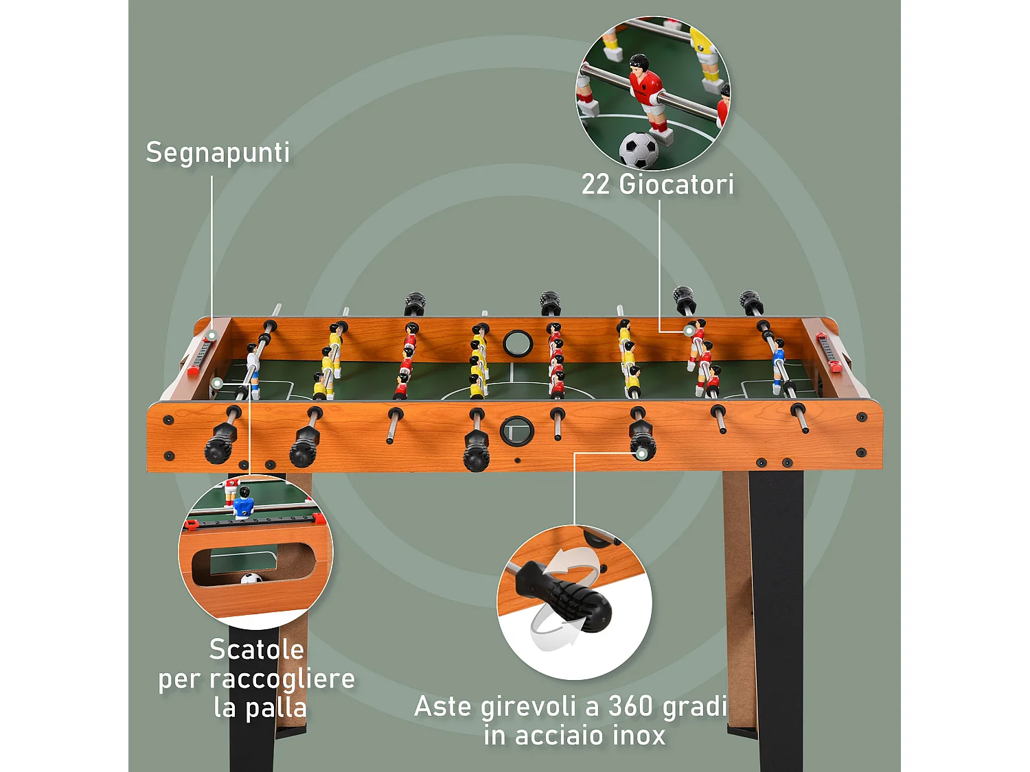 Calcio balilla con 22 giocatori palline e 2 segnapunti legno colorato