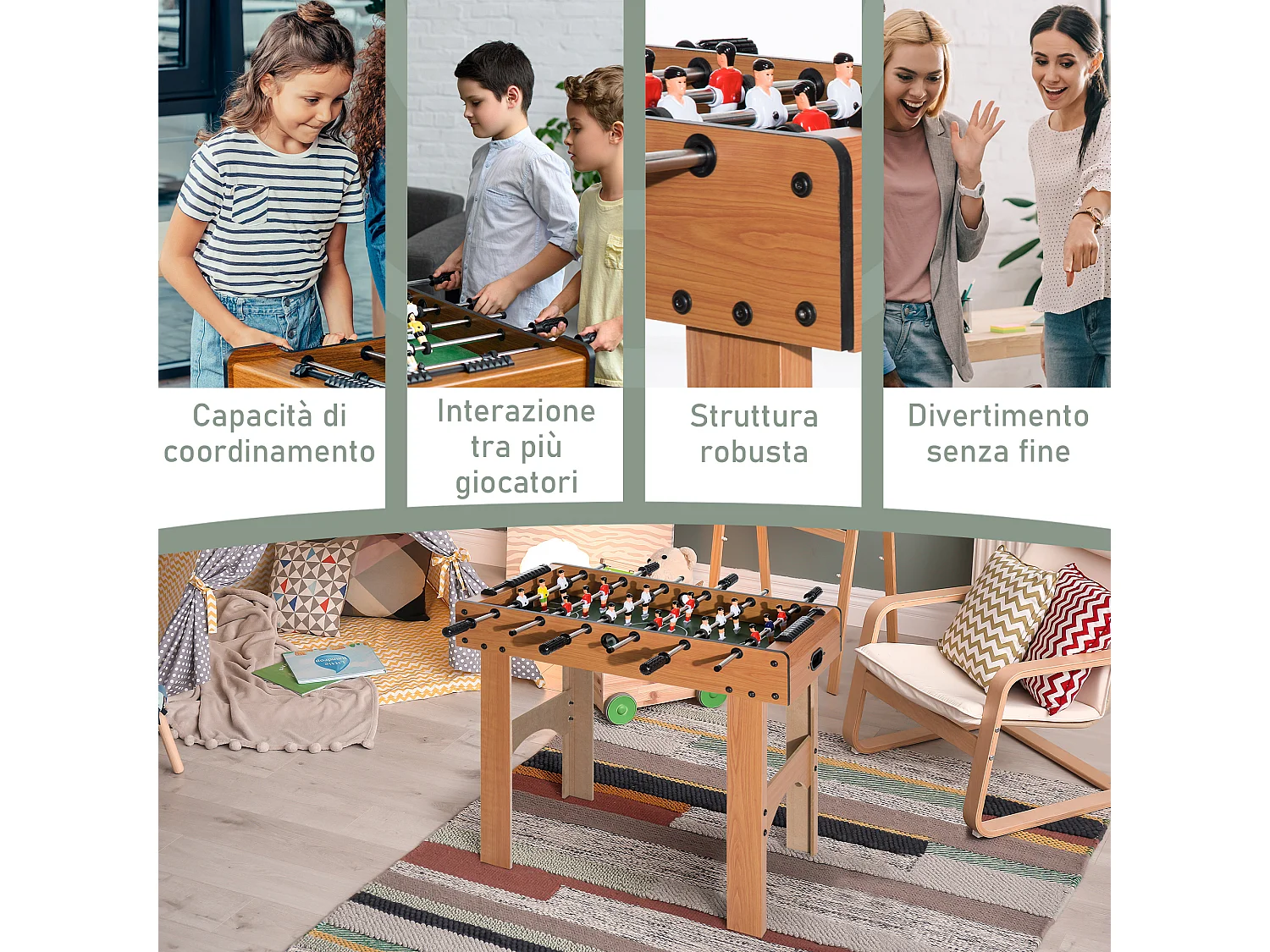 Calcio balilla professionale per bambini con aste legno mdf colorato