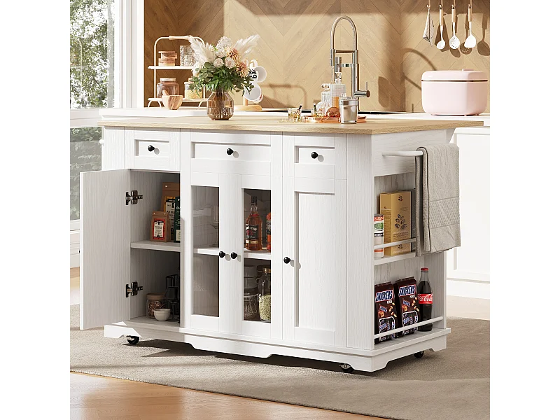 Desserte de cuisine mobile 2 portes et 3 tiroirs Îlot de cuisine en bois avec plateau extensible 151.5x(60-85)x91.7 cm - blanc