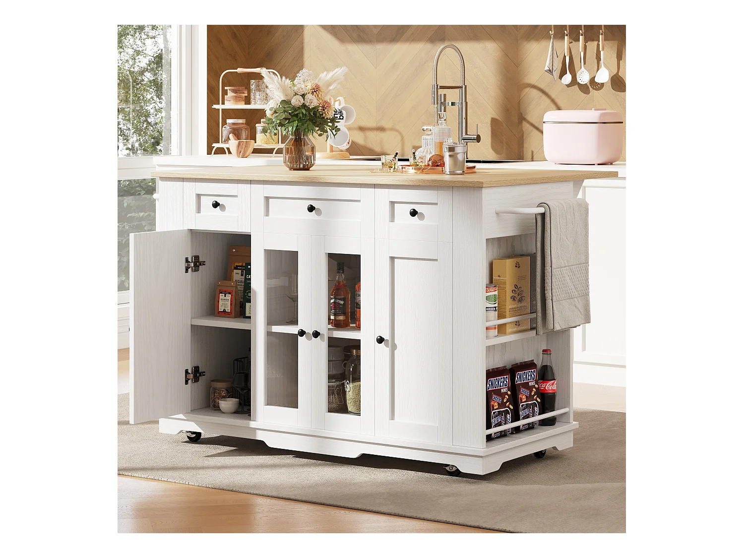 Desserte de cuisine 151.5x(60-85)x91.7 cm 2 portes et 3 tiroirs Îlot de cuisine en bois avec plateau extensible  - blanc