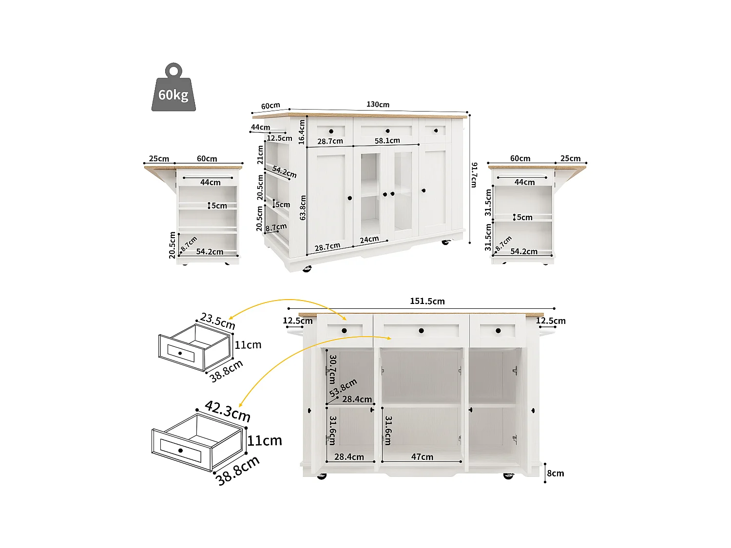 Desserte de cuisine 151.5x(60-85)x91.7 cm 2 portes et 3 tiroirs Îlot de cuisine en bois avec plateau extensible  - blanc