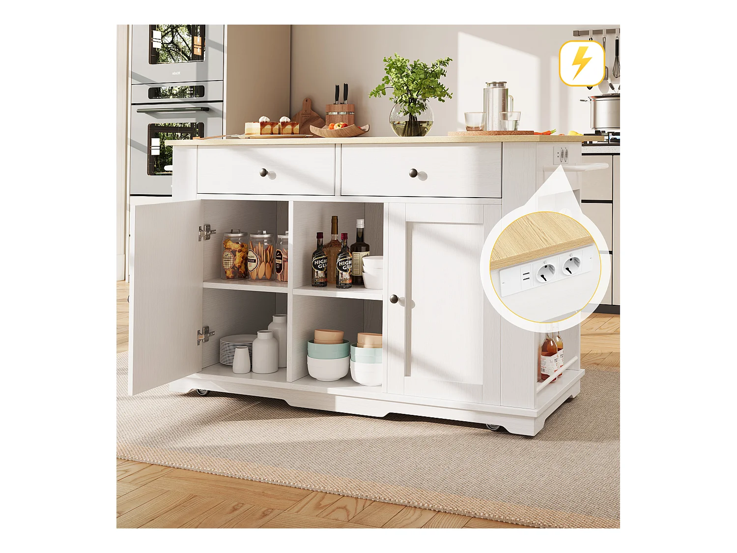 Desserte de cuisine 151.5x(59.7-84.7)x91.7 cm 2 portes et 3 tiroirs prise électrique Îlot de cuisine avec plateau extensible  - blanc