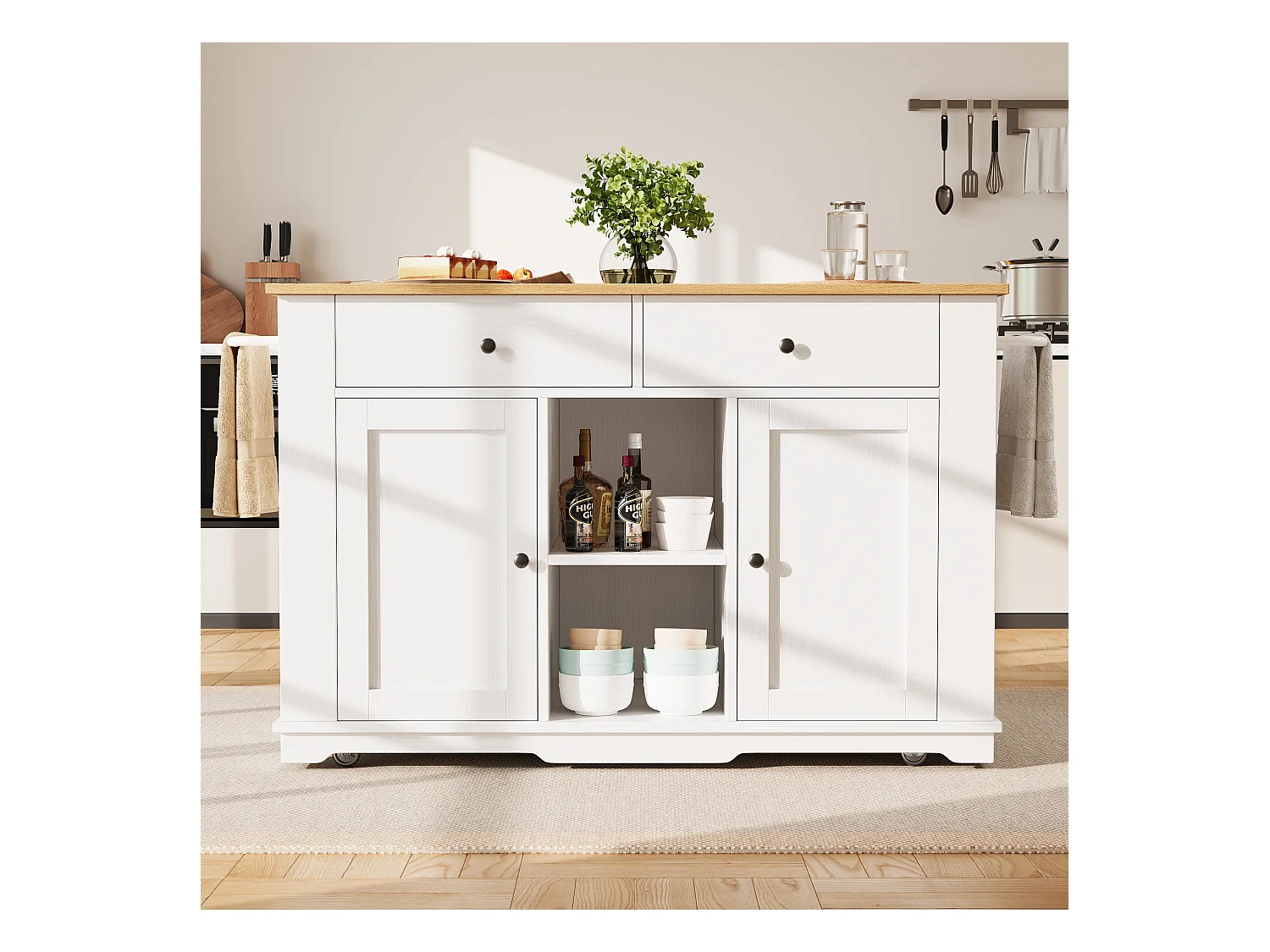 Desserte de cuisine 151.5x(59.7-84.7)x91.7 cm 2 portes et 3 tiroirs prise électrique Îlot de cuisine avec plateau extensible  - blanc