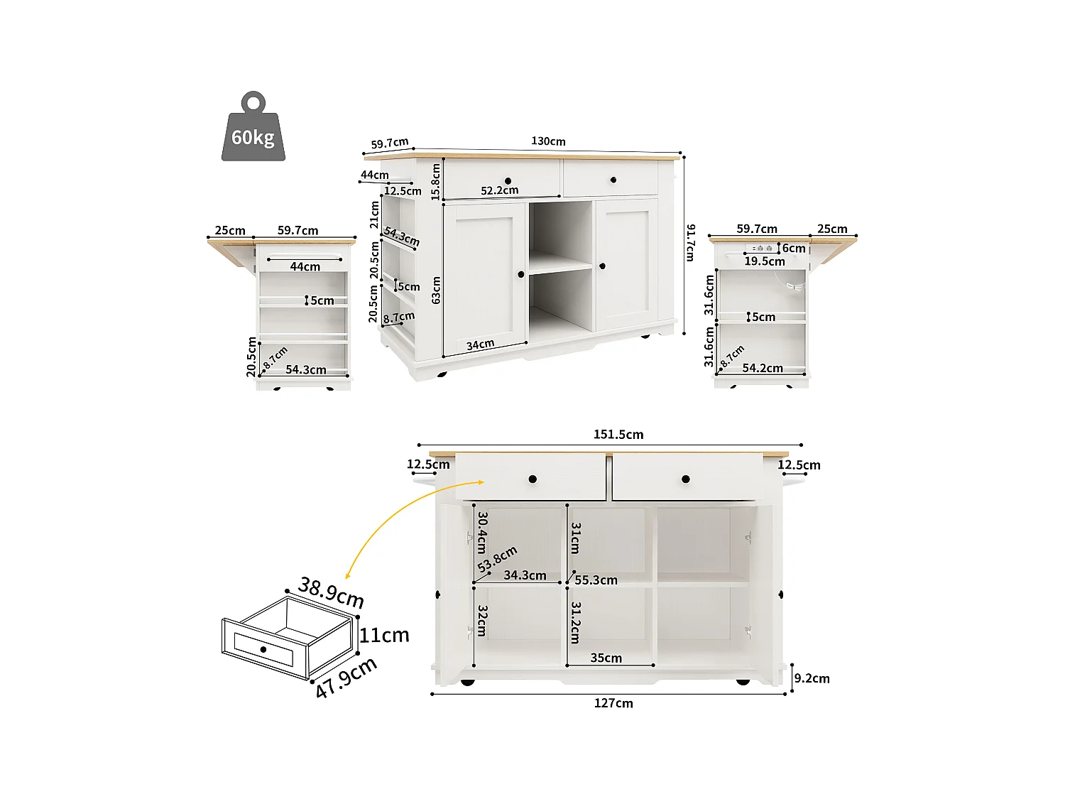 Desserte de cuisine 151.5x(59.7-84.7)x91.7 cm 2 portes et 3 tiroirs prise électrique Îlot de cuisine avec plateau extensible  - blanc