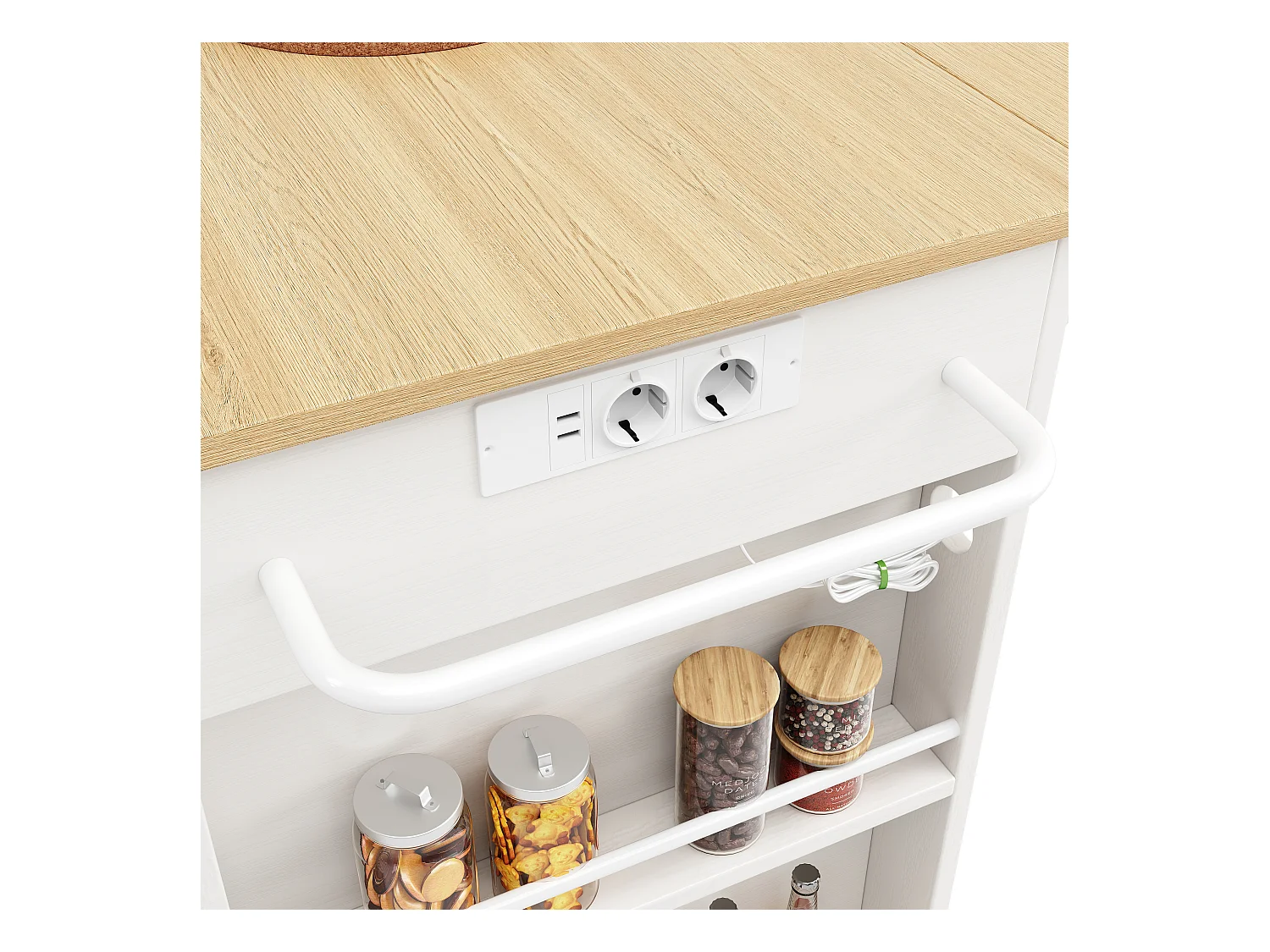 Desserte de cuisine 151.5x(59.7-84.7)x91.7 cm 2 portes et 3 tiroirs prise électrique Îlot de cuisine avec plateau extensible  - blanc