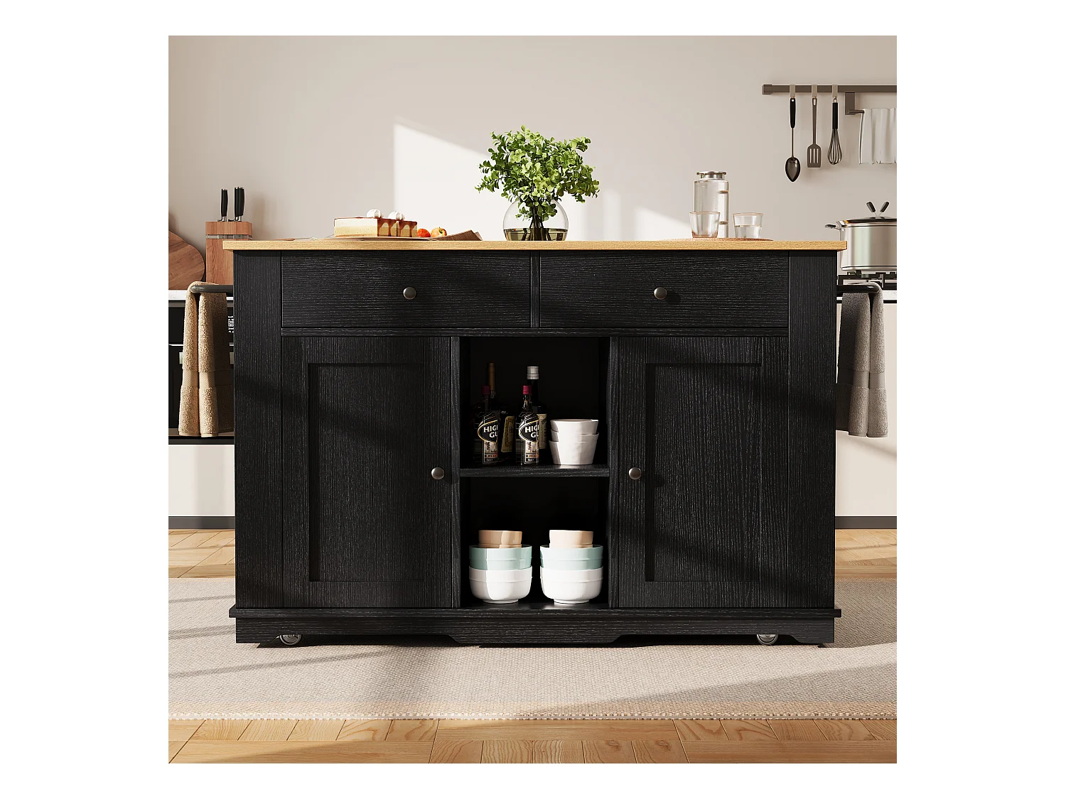 Desserte de cuisine 151.5x(59.7-84.7)x91.7 cm 2 portes et 3 tiroirs prise électrique Îlot de cuisine avec plateau extensible - noir