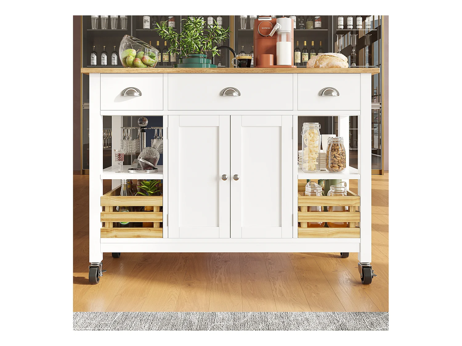 Desserte de cuisine 128x(45-73)x90 cm 2 portes et 3 tiroirs Îlot de cuisine avec plateau extensible - blanc