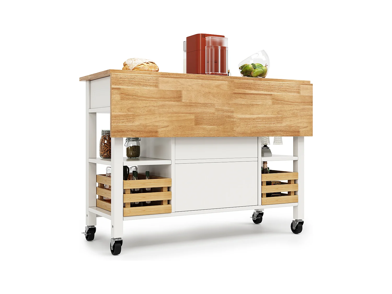 Desserte de cuisine 128x(45-73)x90 cm 2 portes et 3 tiroirs Îlot de cuisine avec plateau extensible - blanc