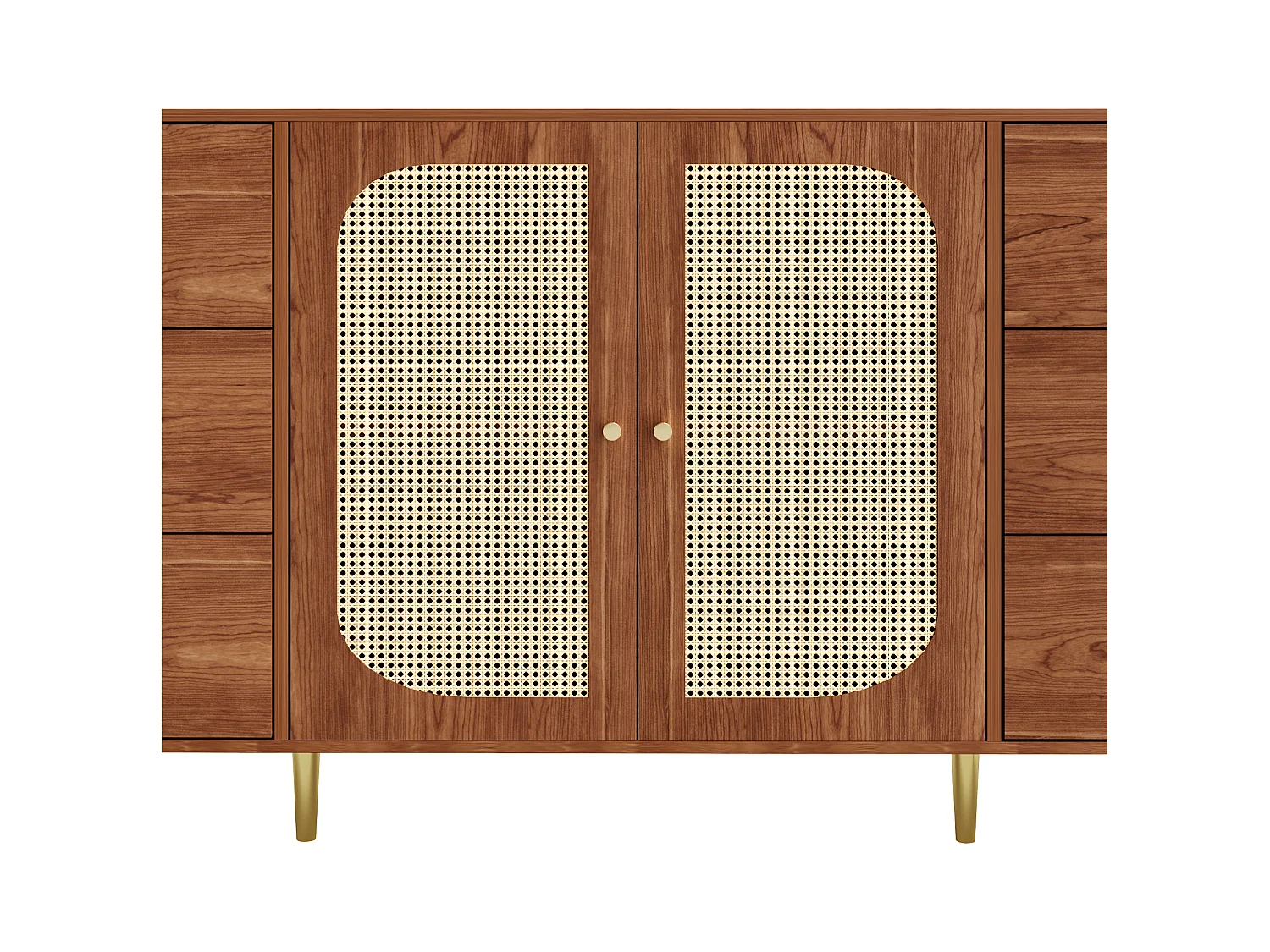 Eetkamerdressoir van rotan met 2 deuren en 6 opbergladen - gouden handgrepen en poten - bruin (160x40x75 cm)