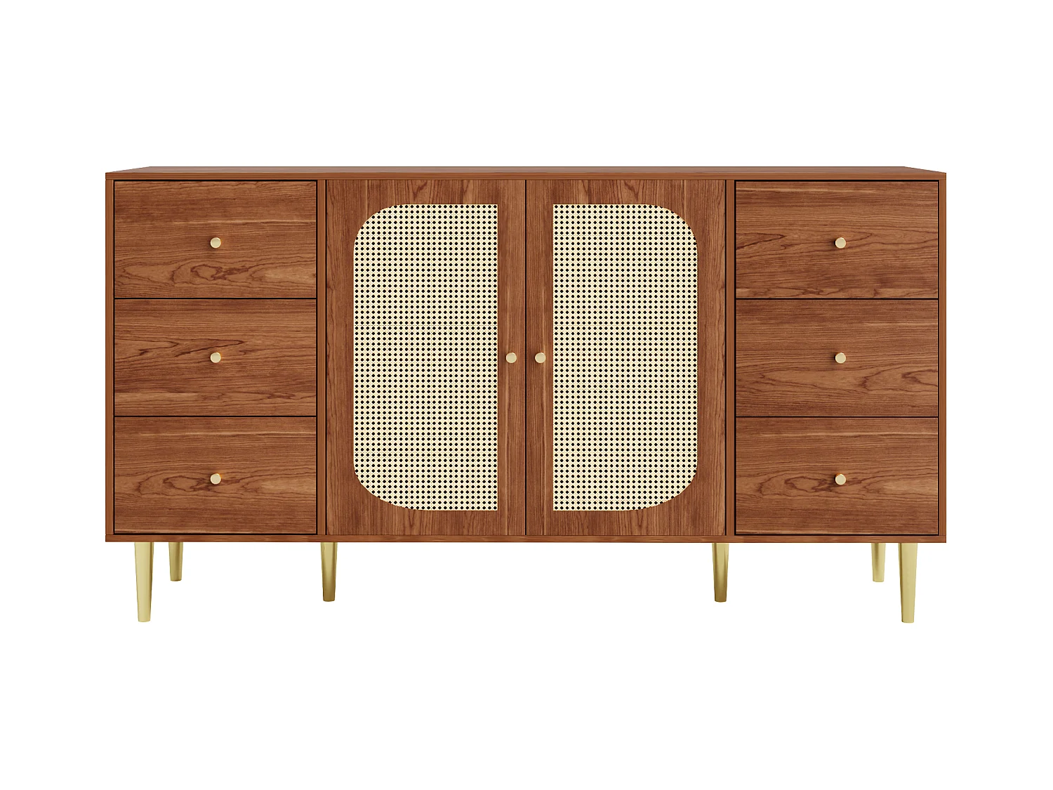 Eetkamerdressoir van rotan met 2 deuren en 6 opbergladen - gouden handgrepen en poten - bruin (160x40x75 cm)