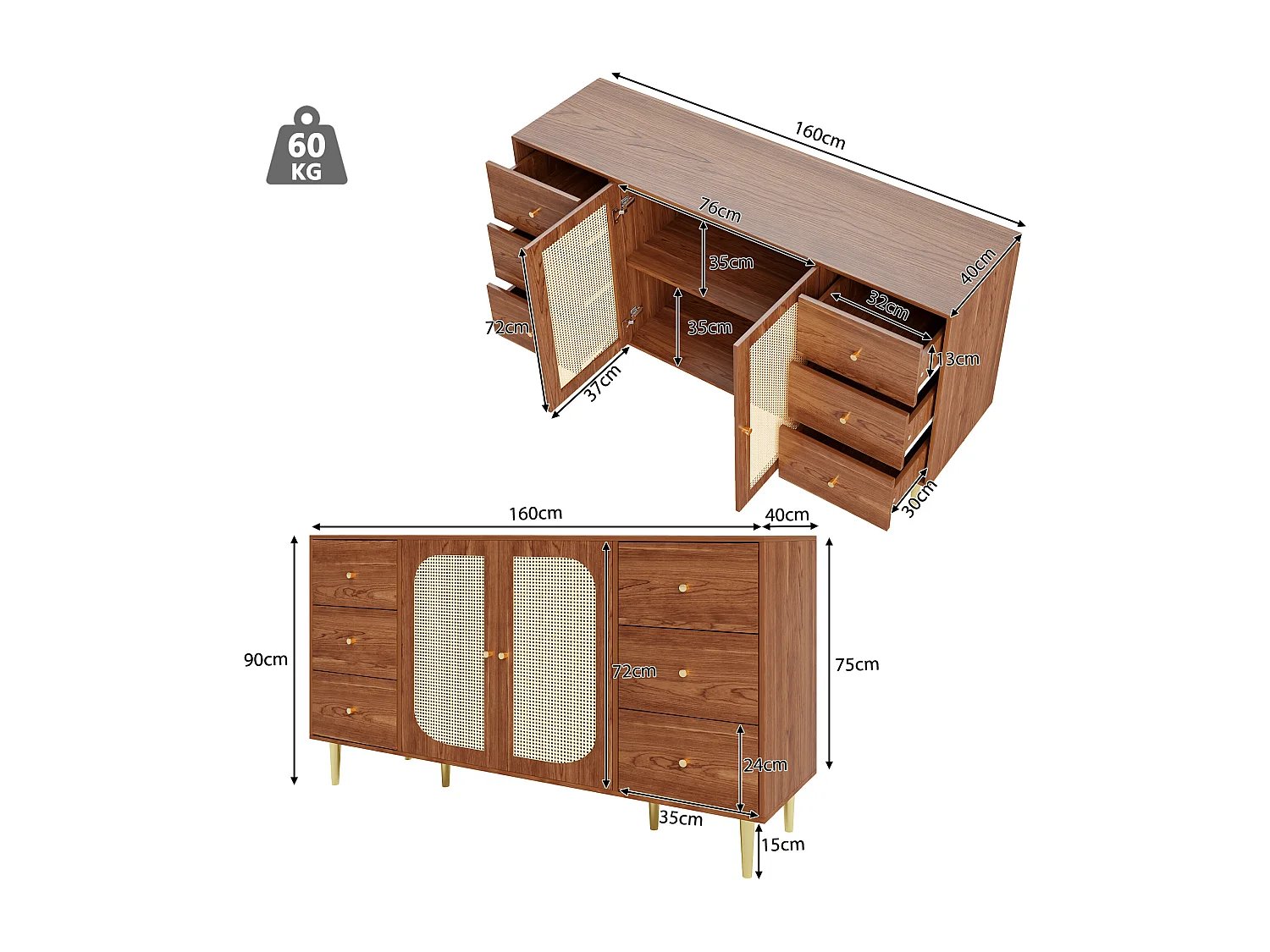 Buffet 160x40x75 cm 2 portes en rotin 6 tiroirs rangement - poignées et pieds en doré - marron