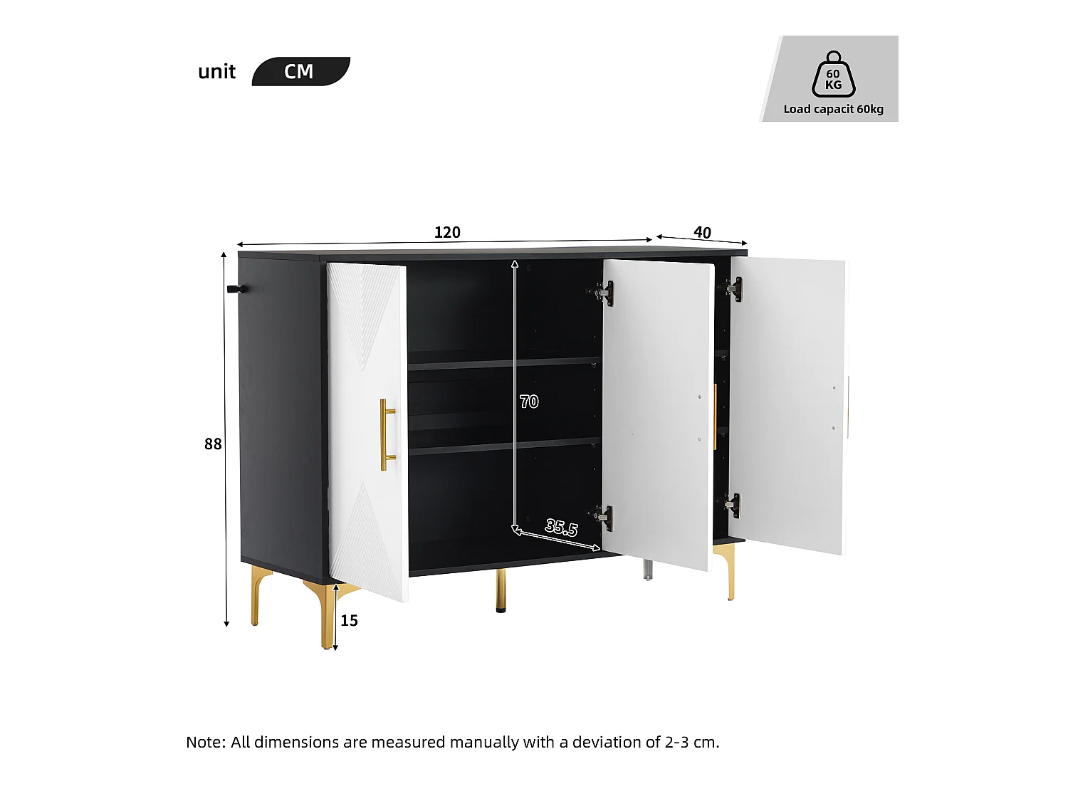Buffet 120x40x88 cm bois 3 portes meuble de rangement - poignées et pieds en métal - noir