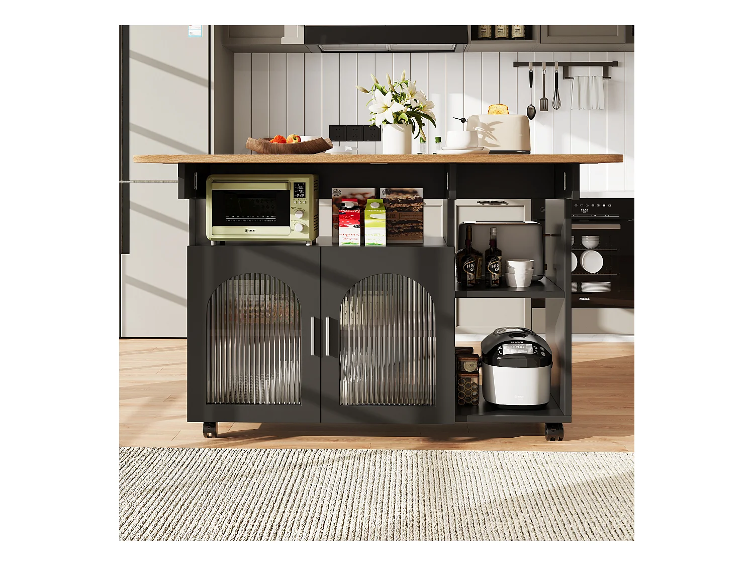 Desserte de cuisine mobile 120x(30/70)x79.5 cm  2 portes en verre Îlot de cuisine avec plateau extensible - noir