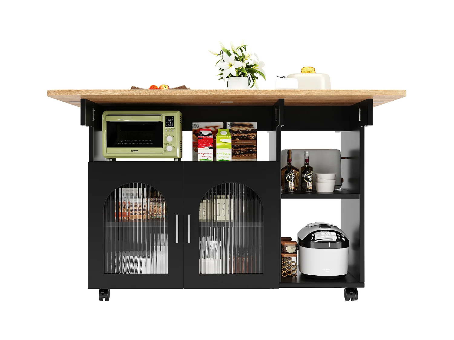 Desserte de cuisine mobile 120x(30/70)x79.5 cm  2 portes en verre Îlot de cuisine avec plateau extensible - noir