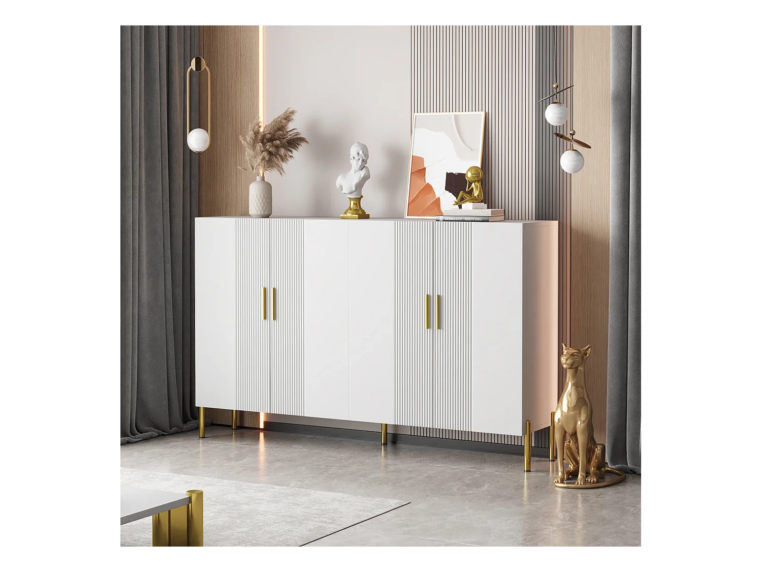 Eetkamerdressoir van hout met 4 deuren en opbergruimte - metalen handgrepen en poten - wit (160x36,5x100 cm)