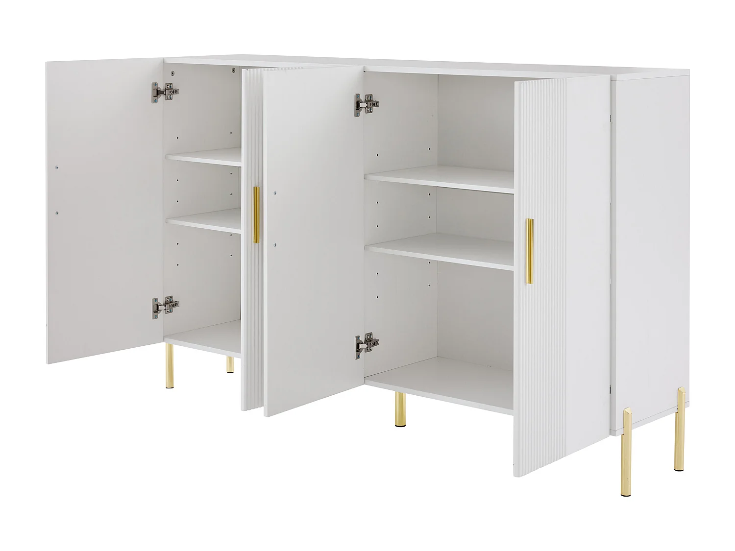 Eetkamerdressoir van hout met 4 deuren en opbergruimte - metalen handgrepen en poten - wit (160x36,5x100 cm)