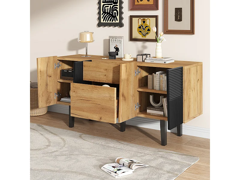 Eetkamer dressoir met 4 deuren, 2 laden en open opbergruimte - hout - eiken (140x40x70 cm)