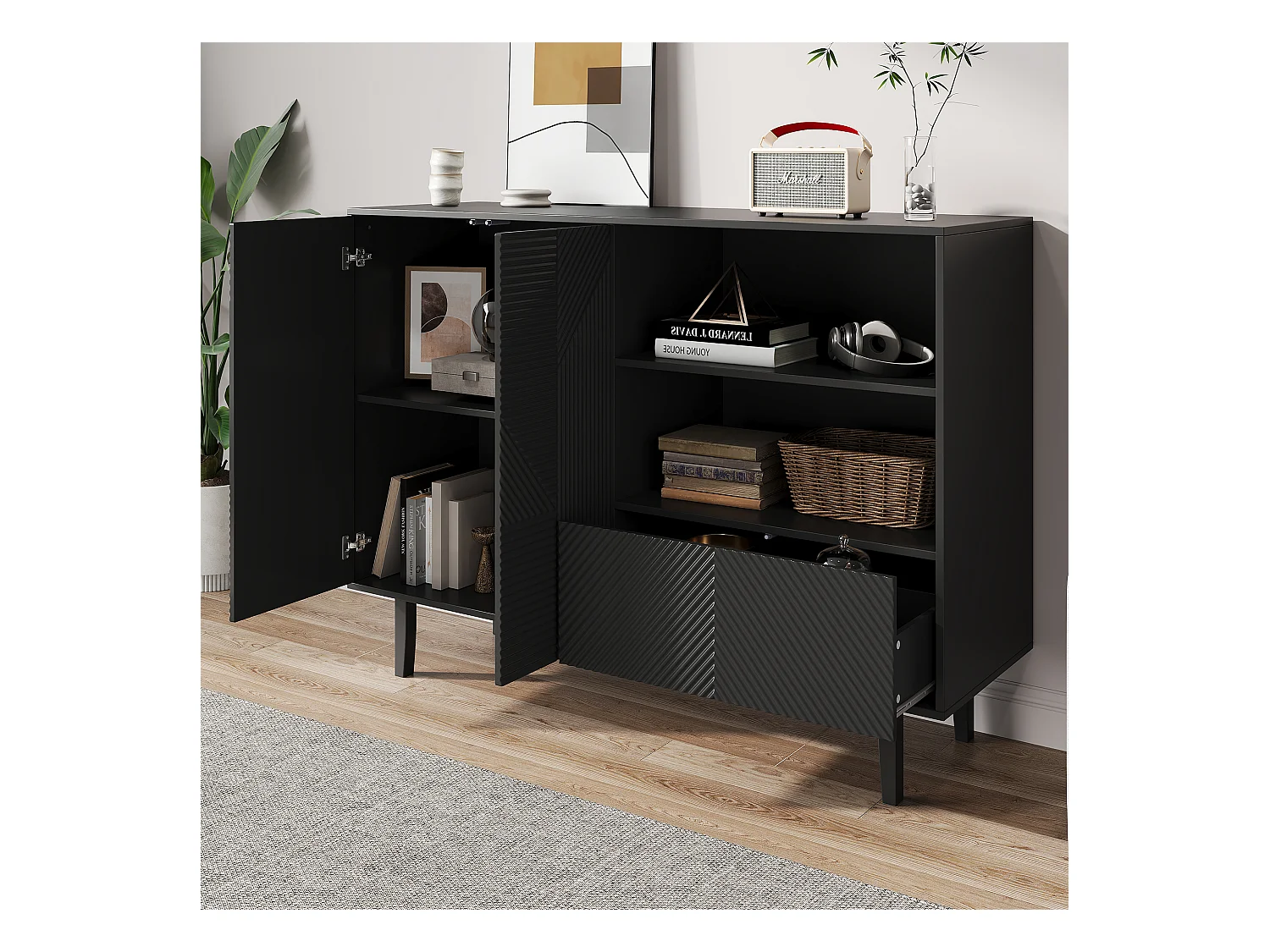 Buffet 125x40x86 cm 2 portes 1 tiroir et meuble de rangement ouvert - bois - noir